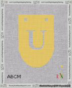 A taped needlepoint canvas with the design: Banner 18 mesh count Rounded U White on Yellow.