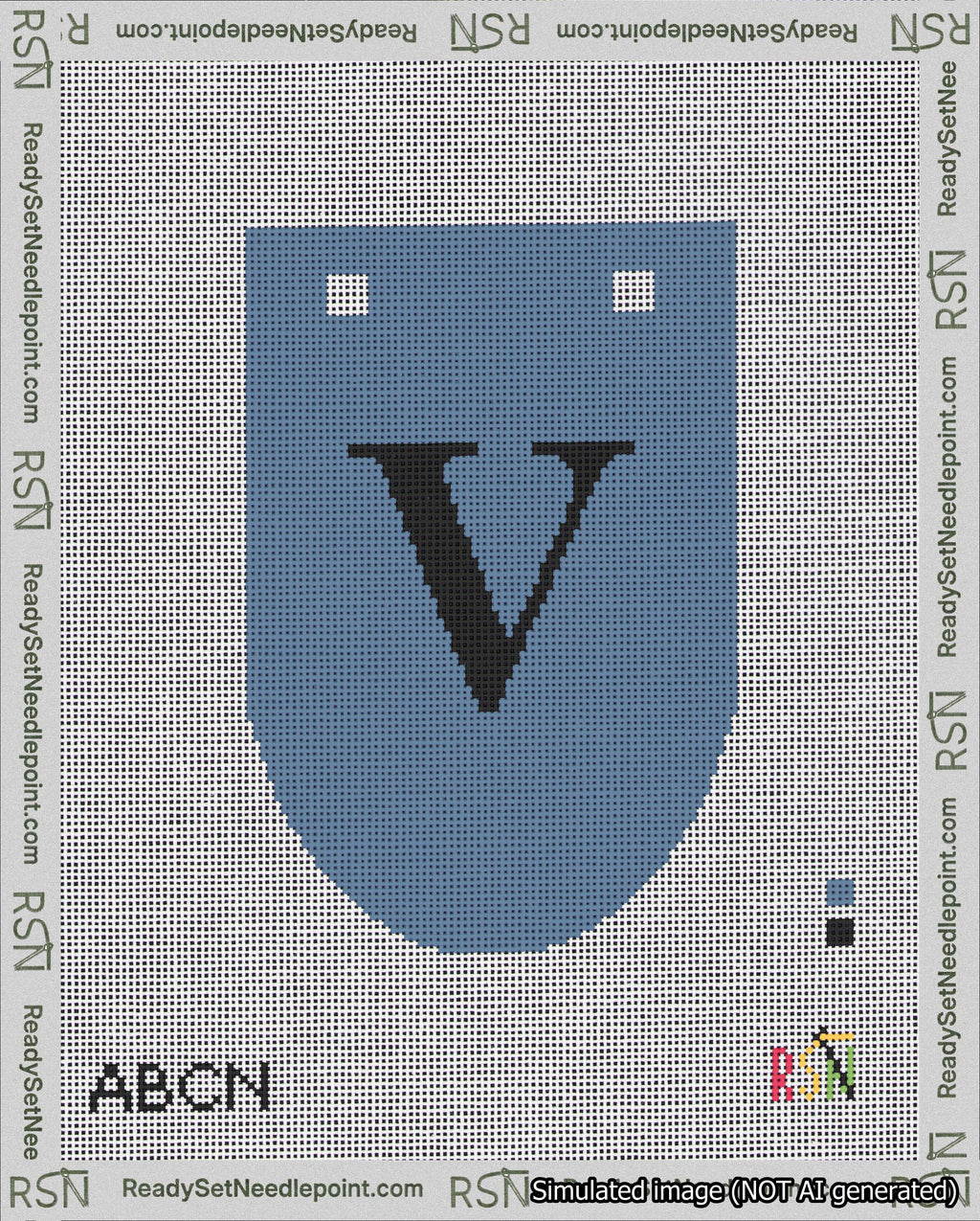 A taped needlepoint canvas with the design: Banner 18 mesh count Rounded V Black on Blue.