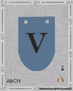 A taped needlepoint canvas with the design: Banner 18 mesh count Rounded V Black on Blue.