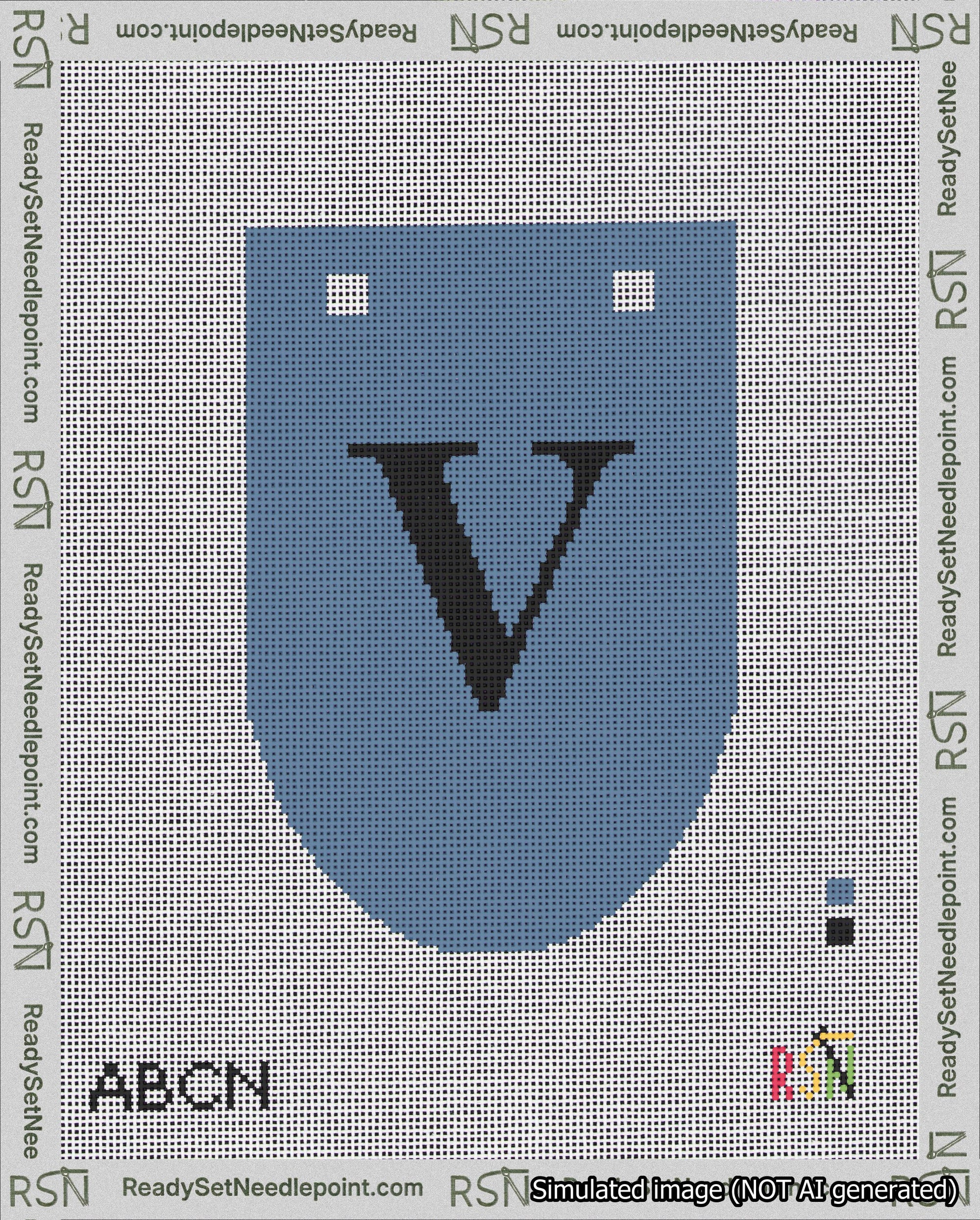 A taped needlepoint canvas with the design: Banner 18 mesh count Rounded V Black on Blue.