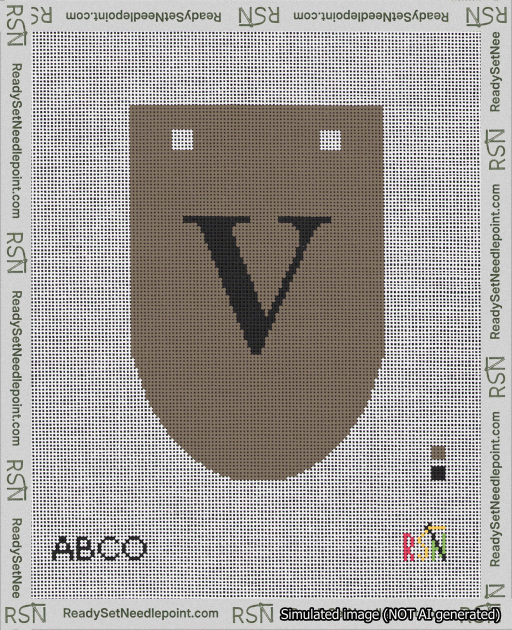 A taped needlepoint canvas with the design: Banner 18 mesh count Rounded V Black on Brown.