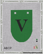 A taped needlepoint canvas with the design: Banner 18 mesh count Rounded V Black on Green.