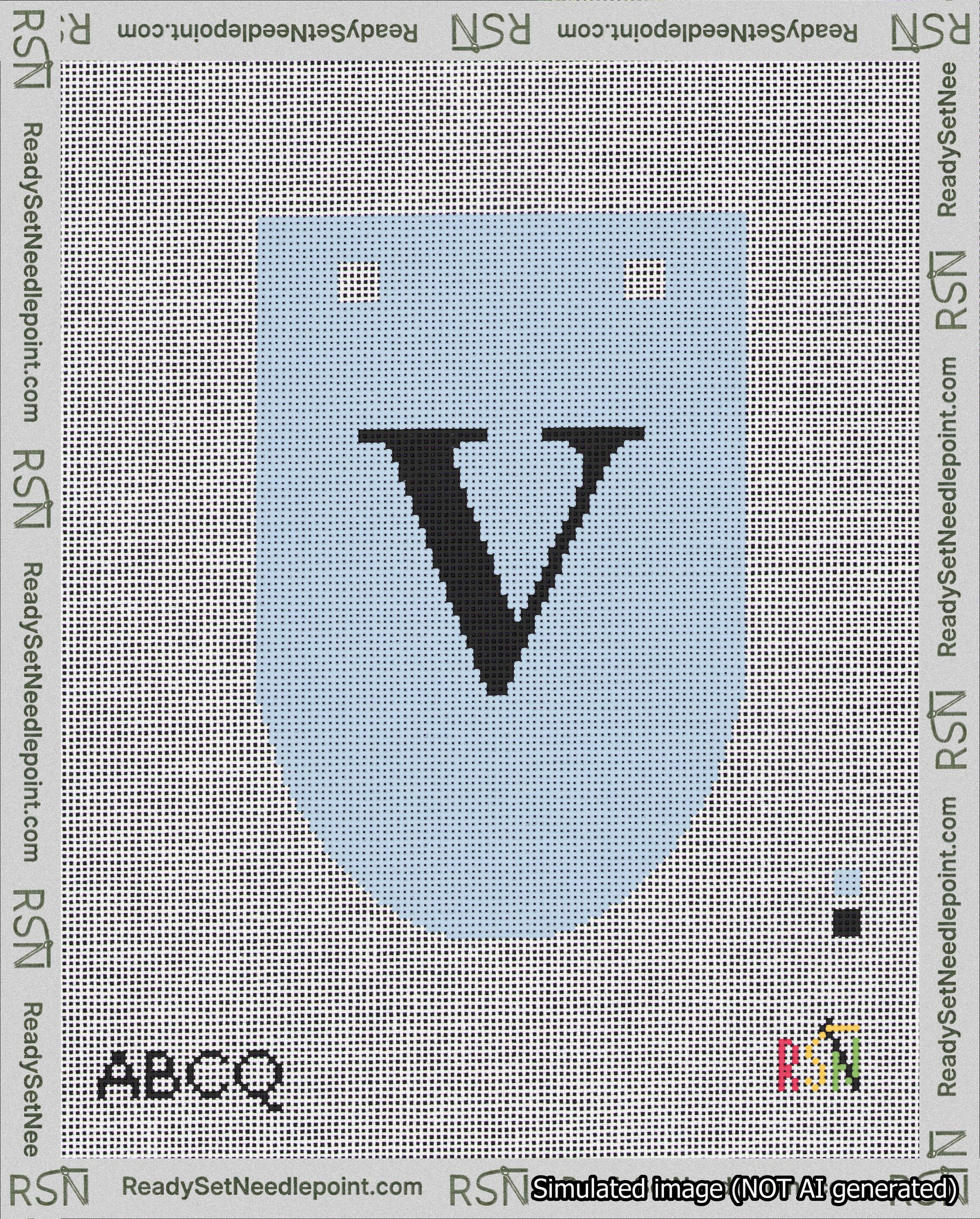 A taped needlepoint canvas with the design: Banner 18 mesh count Rounded V Black on Light Blue.