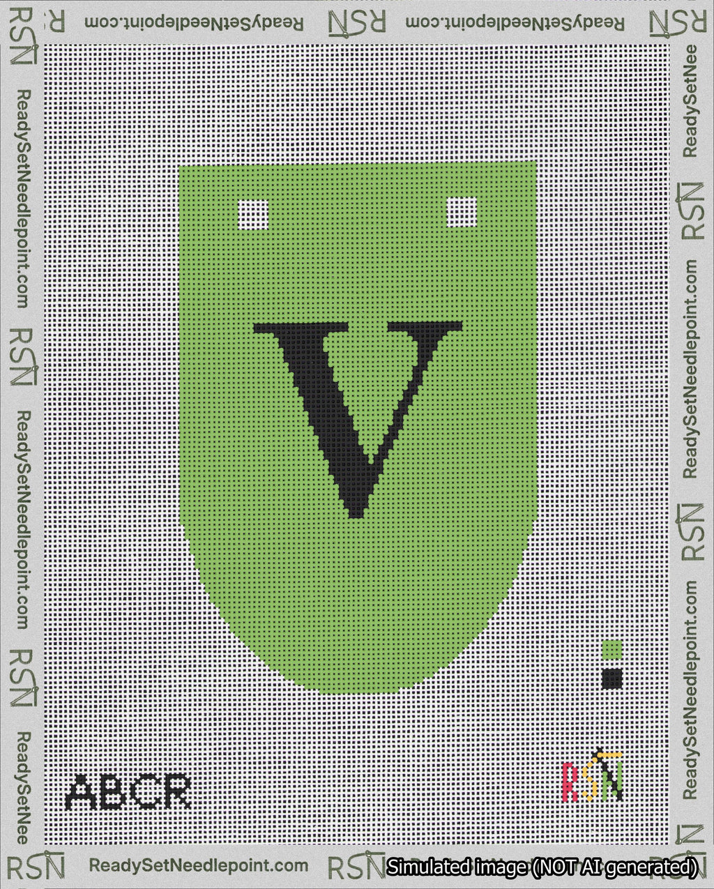 A taped needlepoint canvas with the design: Banner 18 mesh count Rounded V Black on Light Green.