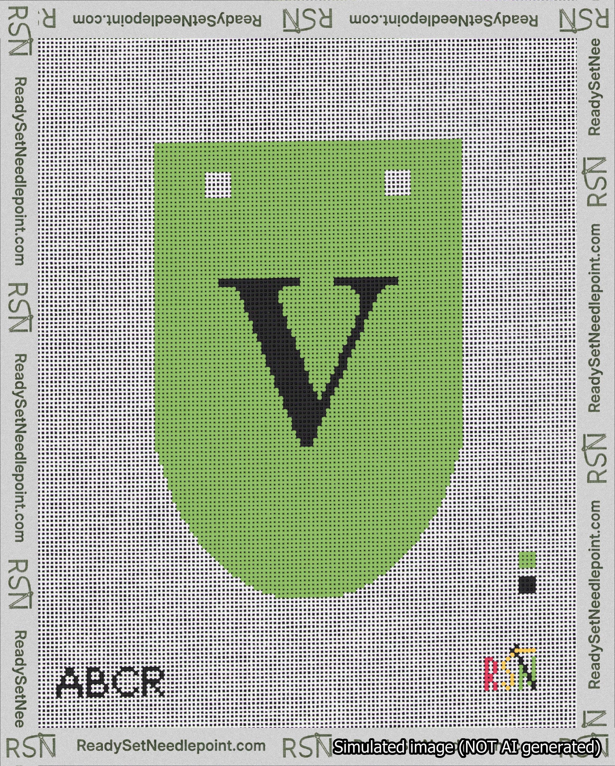 A taped needlepoint canvas with the design: Banner 18 mesh count Rounded V Black on Light Green.
