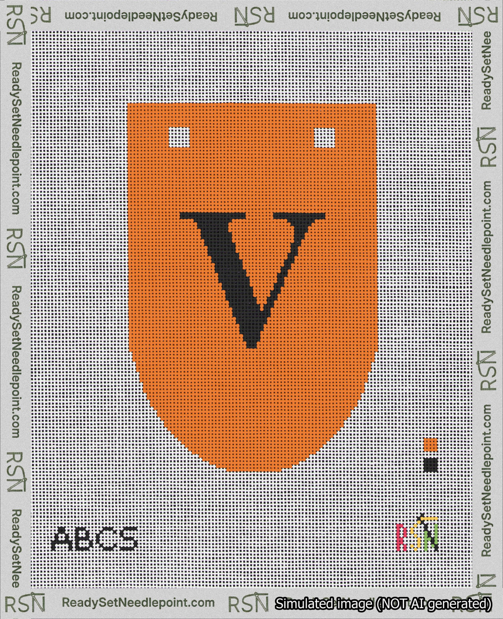 A taped needlepoint canvas with the design: Banner 18 mesh count Rounded V Black on Orange.