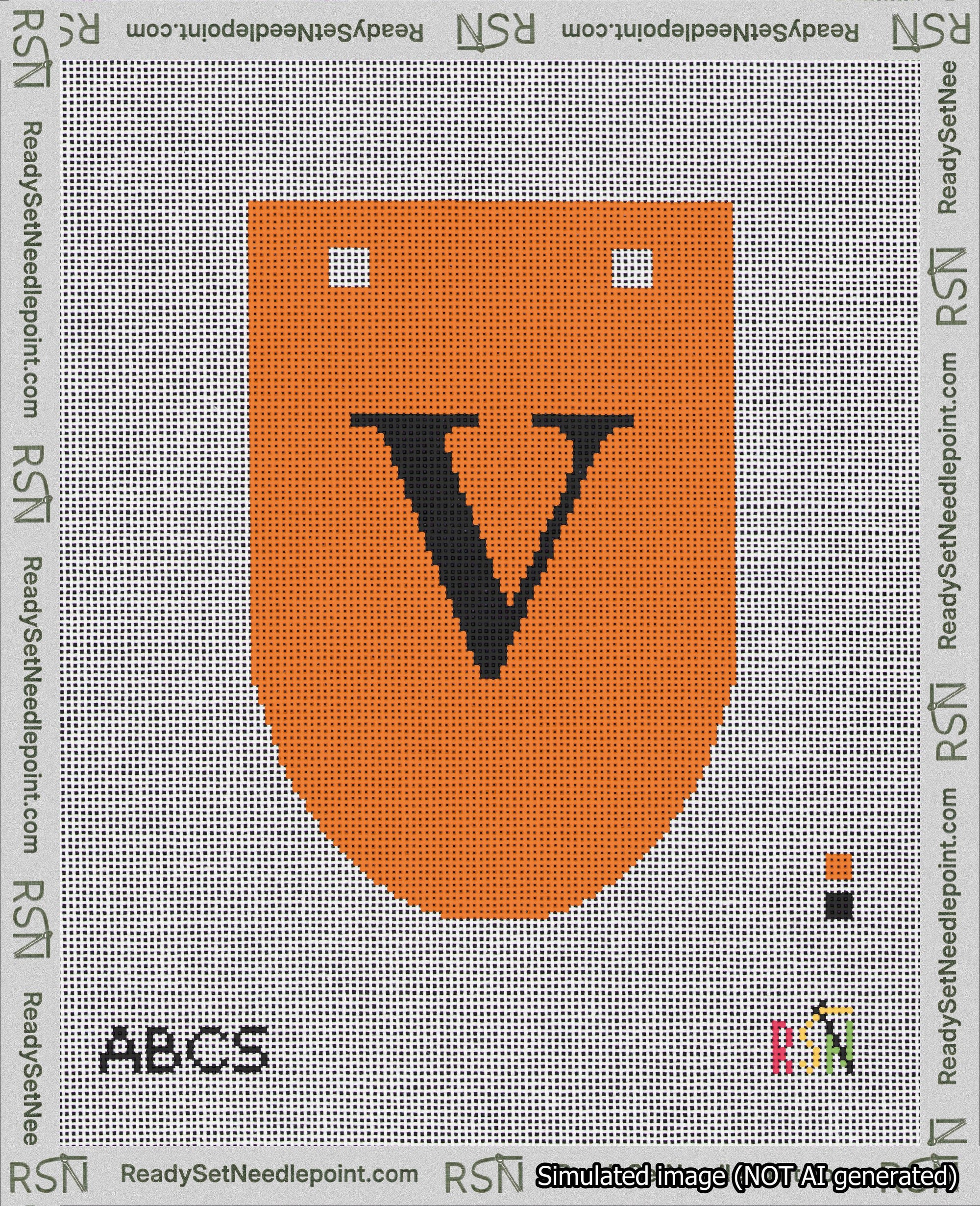 A taped needlepoint canvas with the design: Banner 18 mesh count Rounded V Black on Orange.