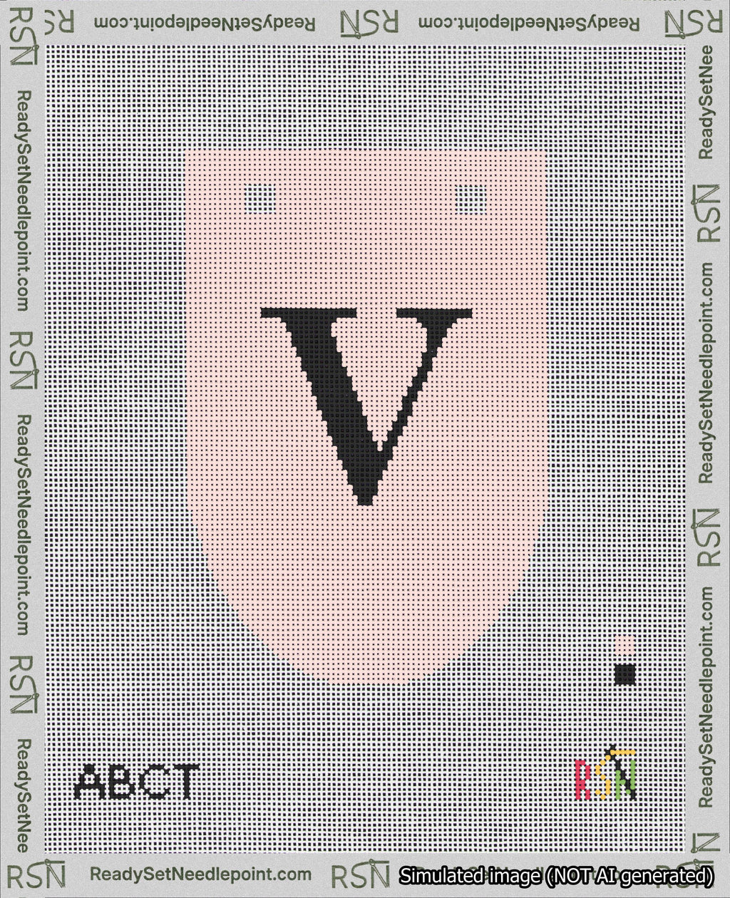 A taped needlepoint canvas with the design: Banner 18 mesh count Rounded V Black on Pink.