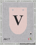 A taped needlepoint canvas with the design: Banner 18 mesh count Rounded V Black on Pink.