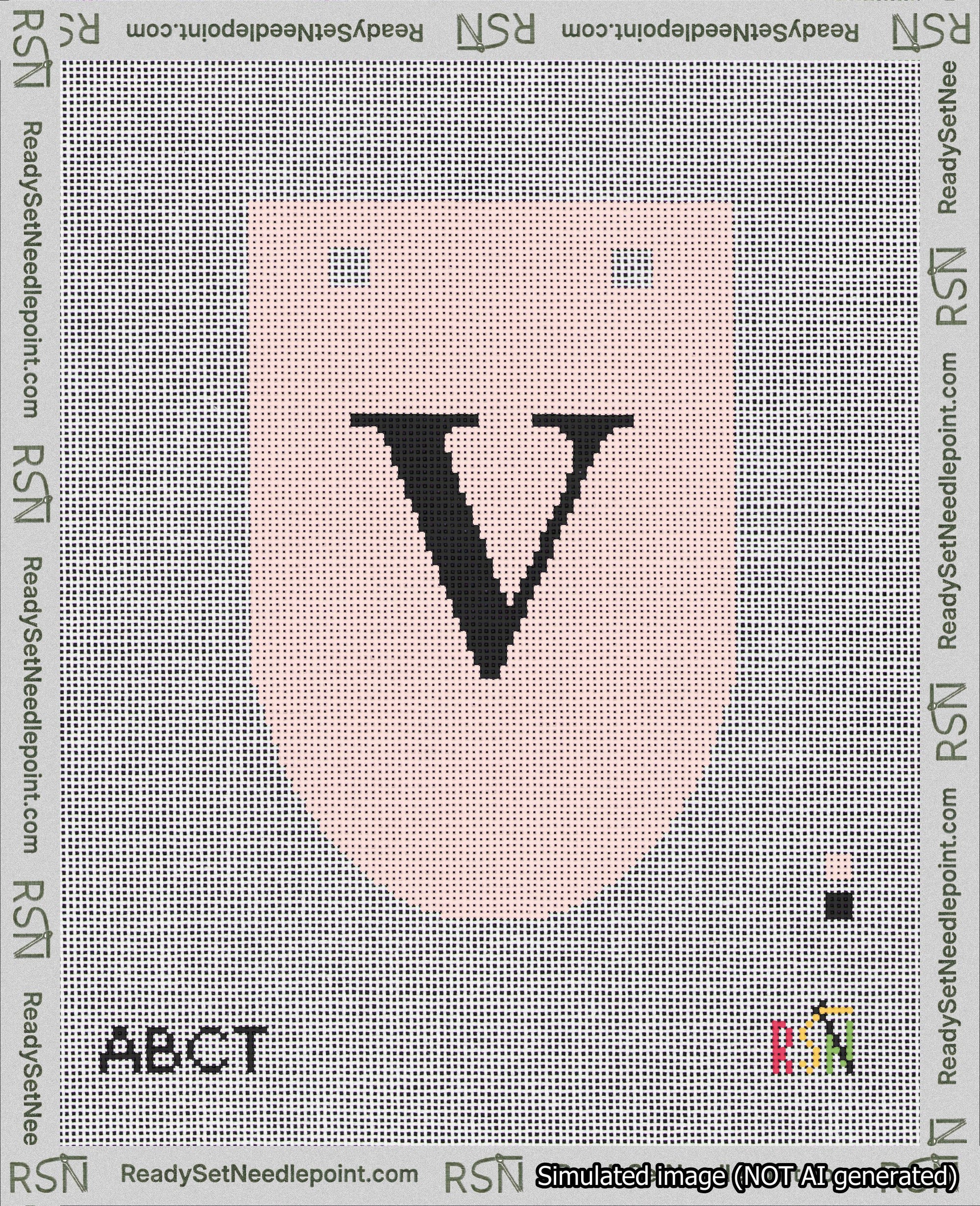 A taped needlepoint canvas with the design: Banner 18 mesh count Rounded V Black on Pink.