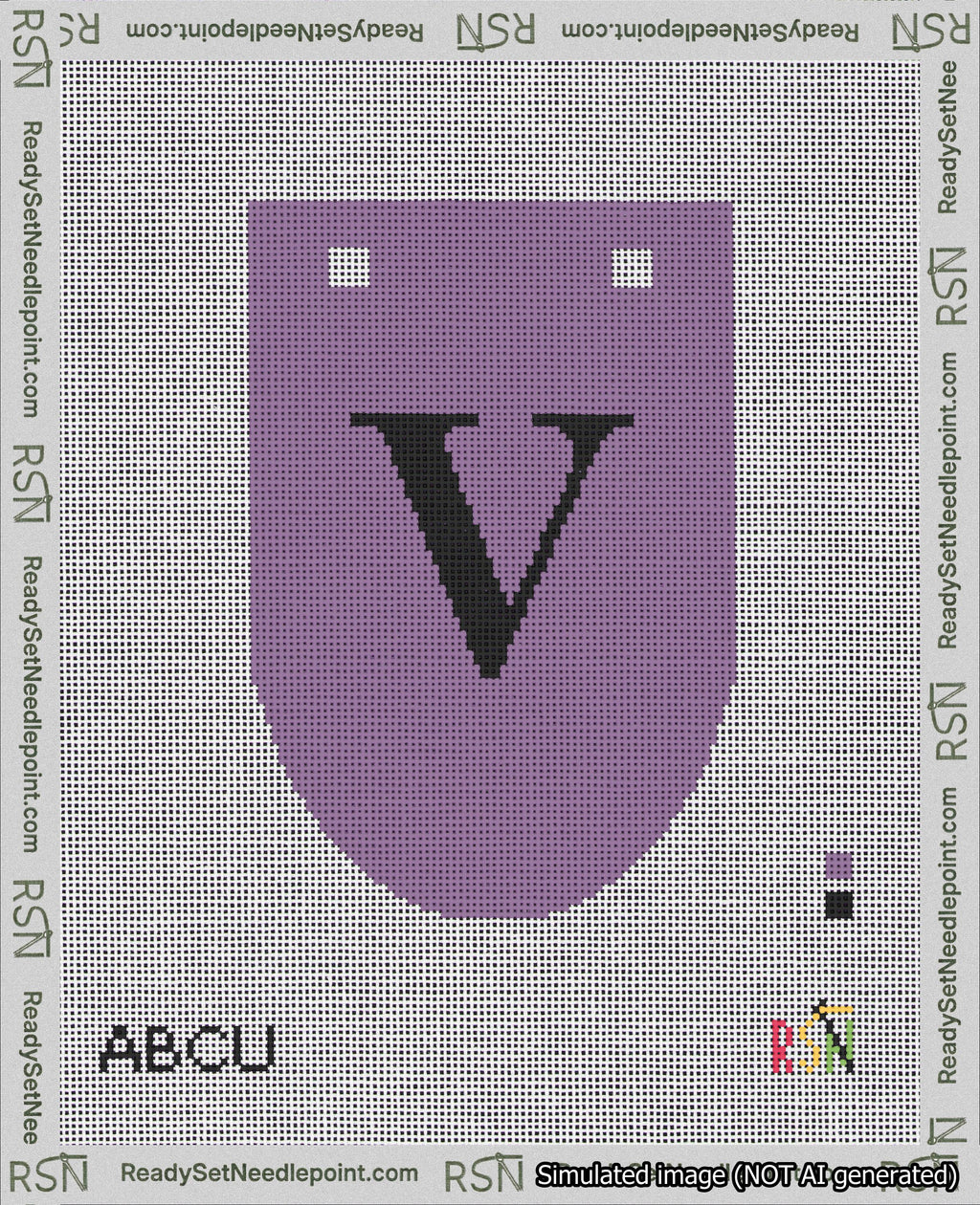 A taped needlepoint canvas with the design: Banner 18 mesh count Rounded V Black on Purple.