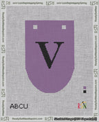 A taped needlepoint canvas with the design: Banner 18 mesh count Rounded V Black on Purple.