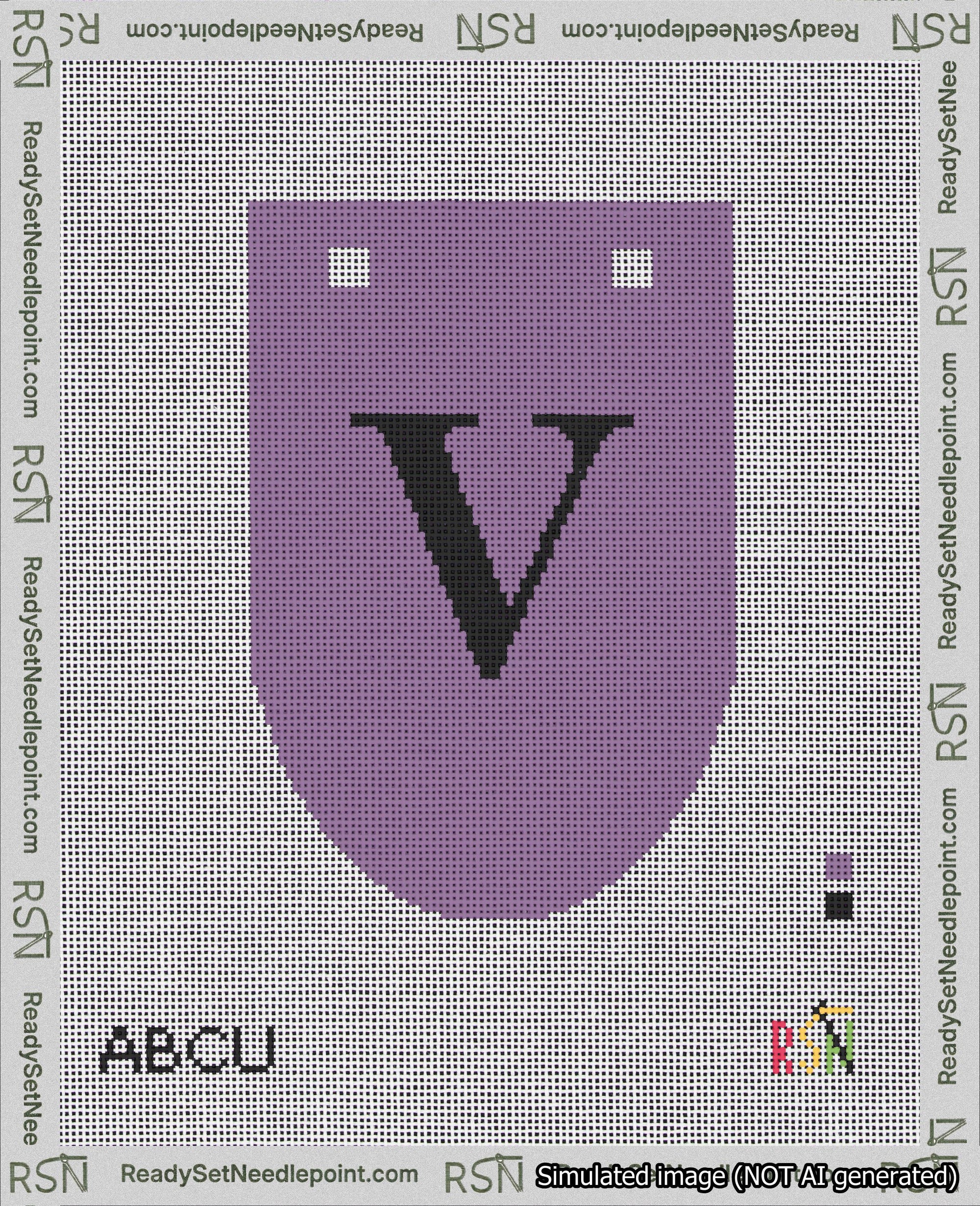 A taped needlepoint canvas with the design: Banner 18 mesh count Rounded V Black on Purple.