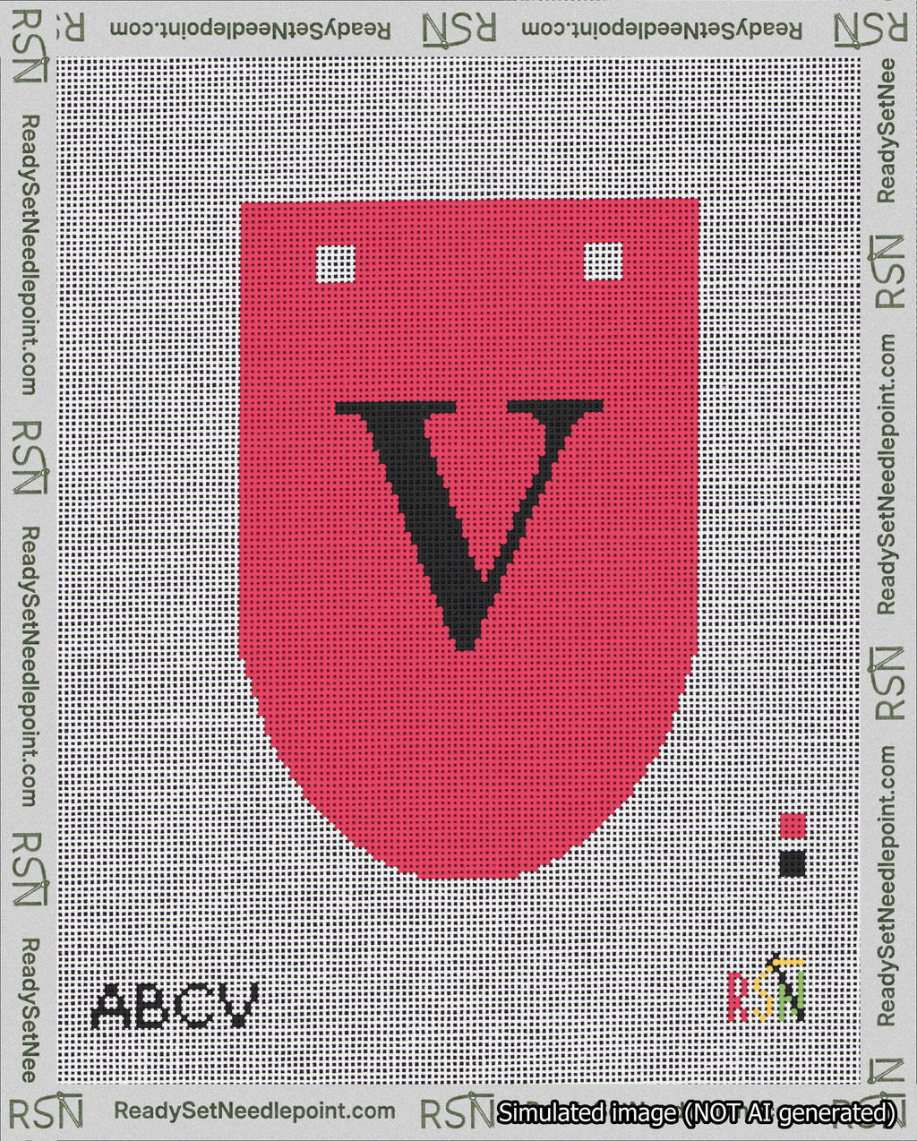 A taped needlepoint canvas with the design: Banner 18 mesh count Rounded V Black on Red.