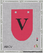 A taped needlepoint canvas with the design: Banner 18 mesh count Rounded V Black on Red.