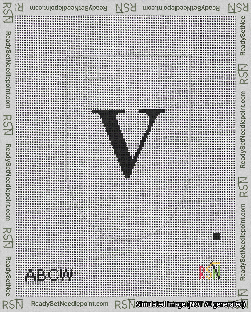 A taped needlepoint canvas with the design: Banner 18 mesh count Rounded V Black on White.