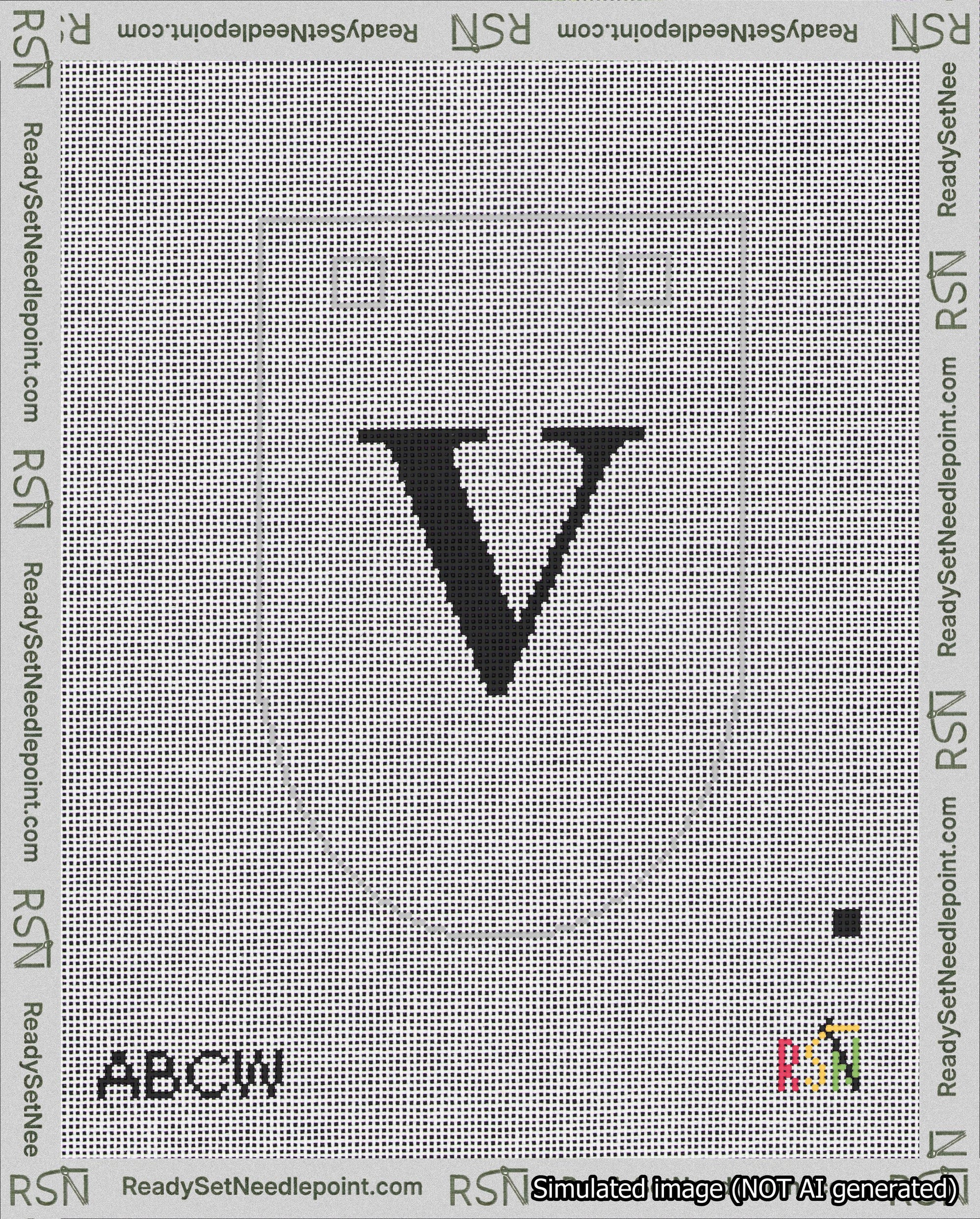 A taped needlepoint canvas with the design: Banner 18 mesh count Rounded V Black on White.