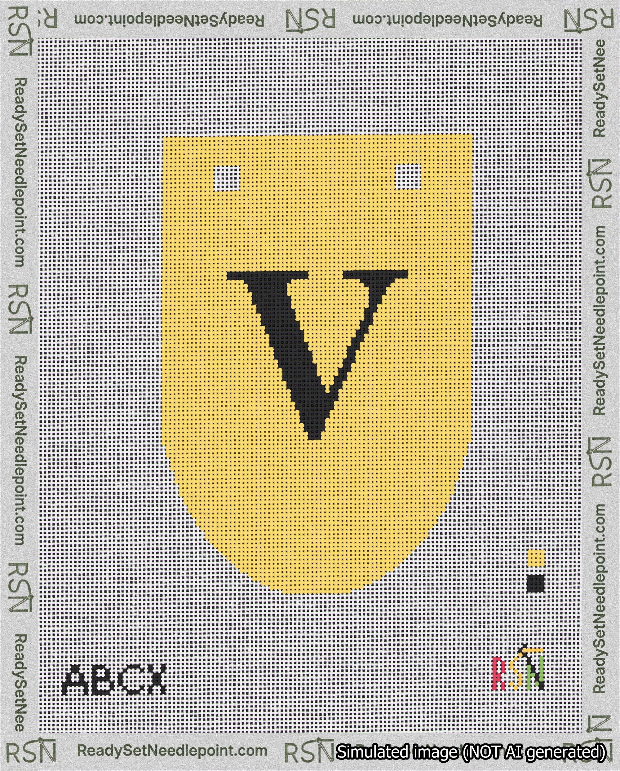 A taped needlepoint canvas with the design: Banner 18 mesh count Rounded V Black on Yellow.