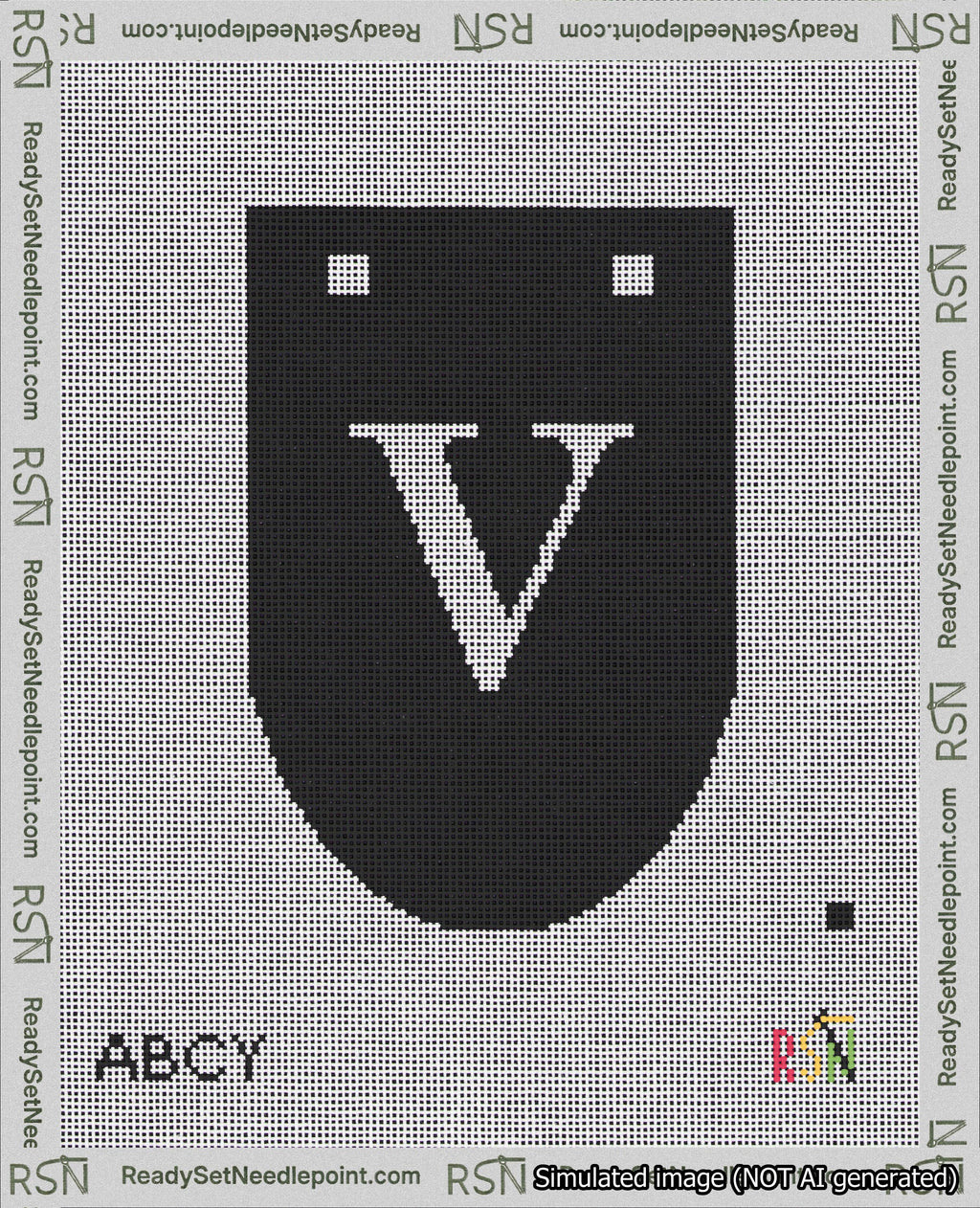 A taped needlepoint canvas with the design: Banner 18 mesh count Rounded V White on Black.