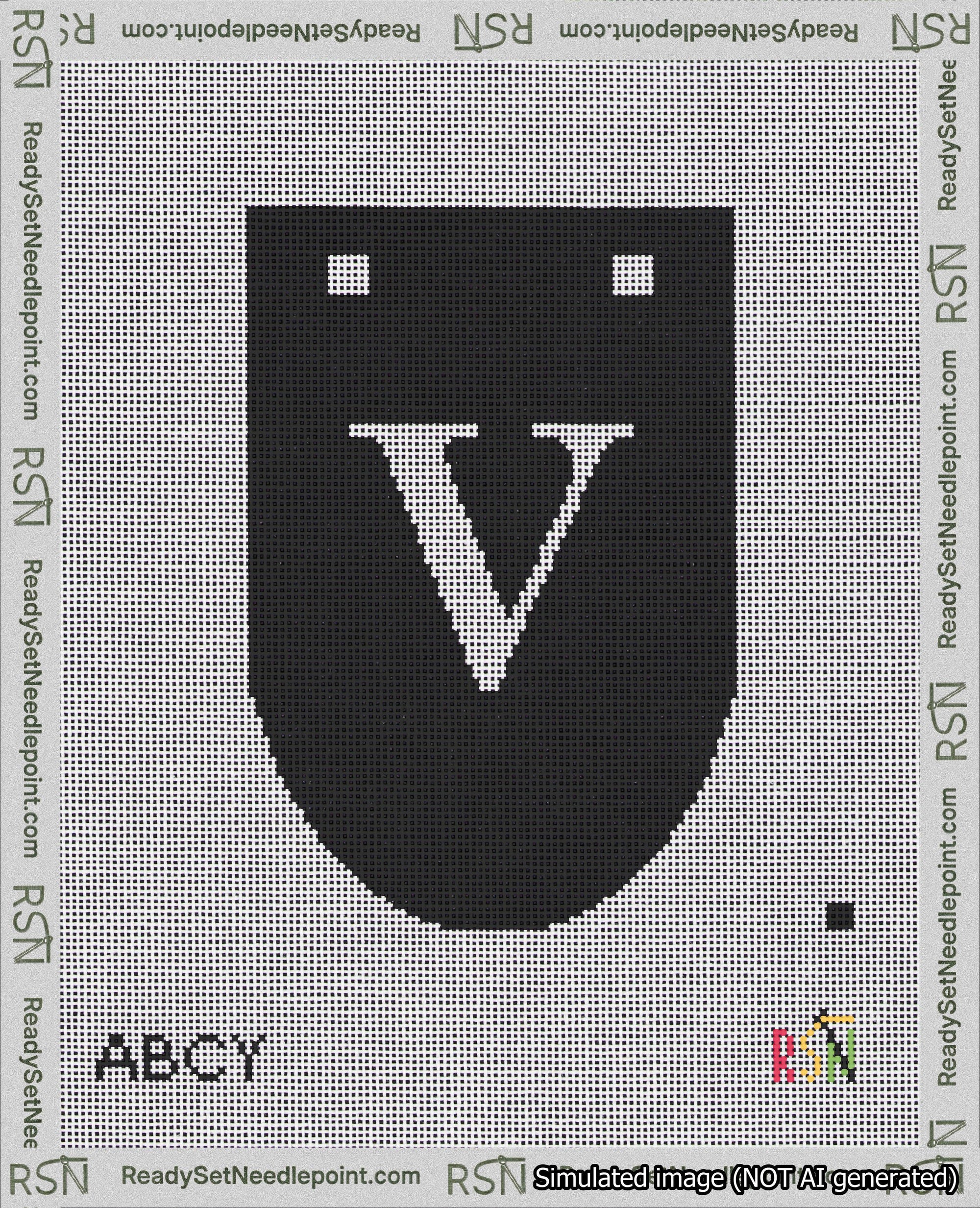 A taped needlepoint canvas with the design: Banner 18 mesh count Rounded V White on Black.