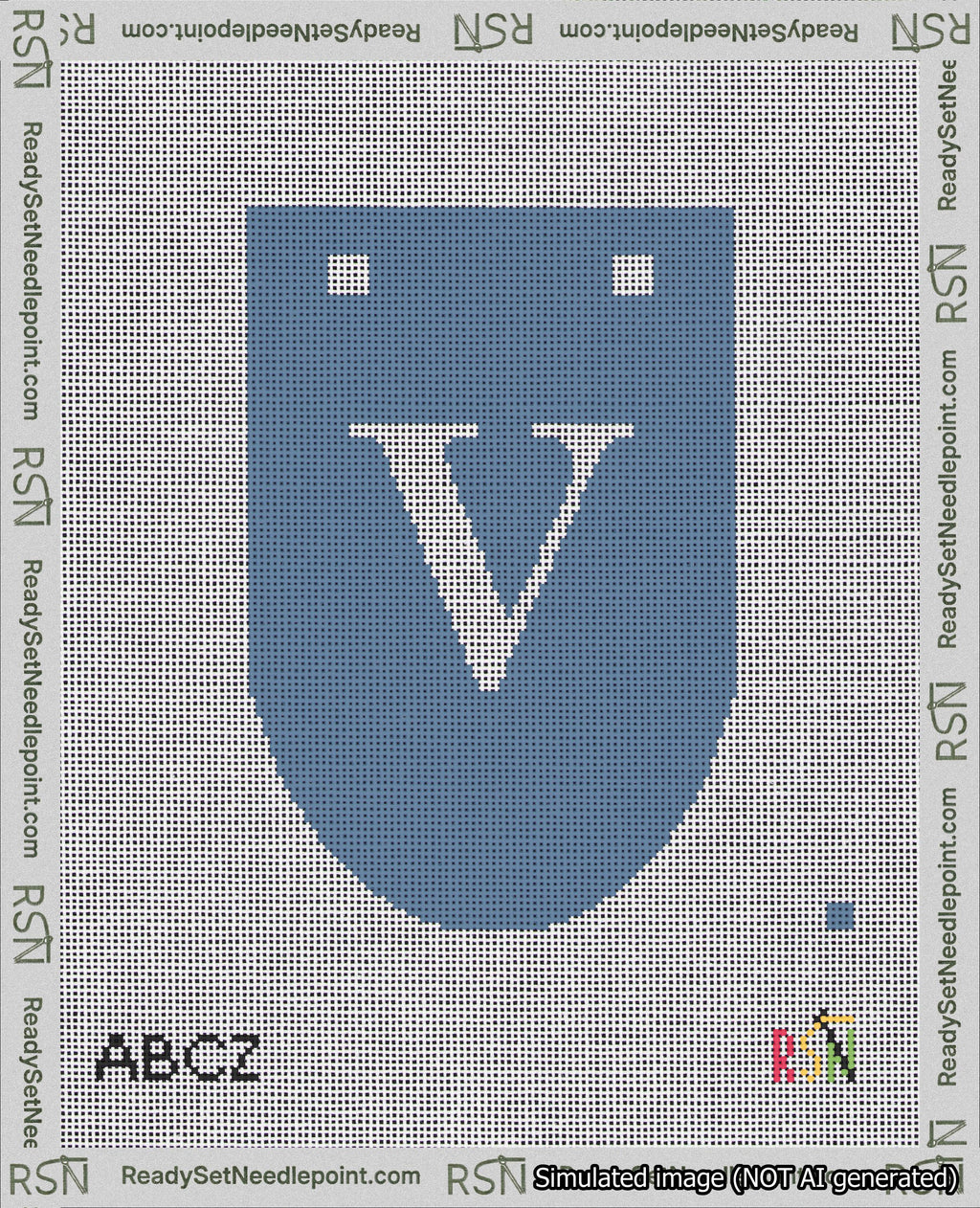 A taped needlepoint canvas with the design: Banner 18 mesh count Rounded V White on Blue.