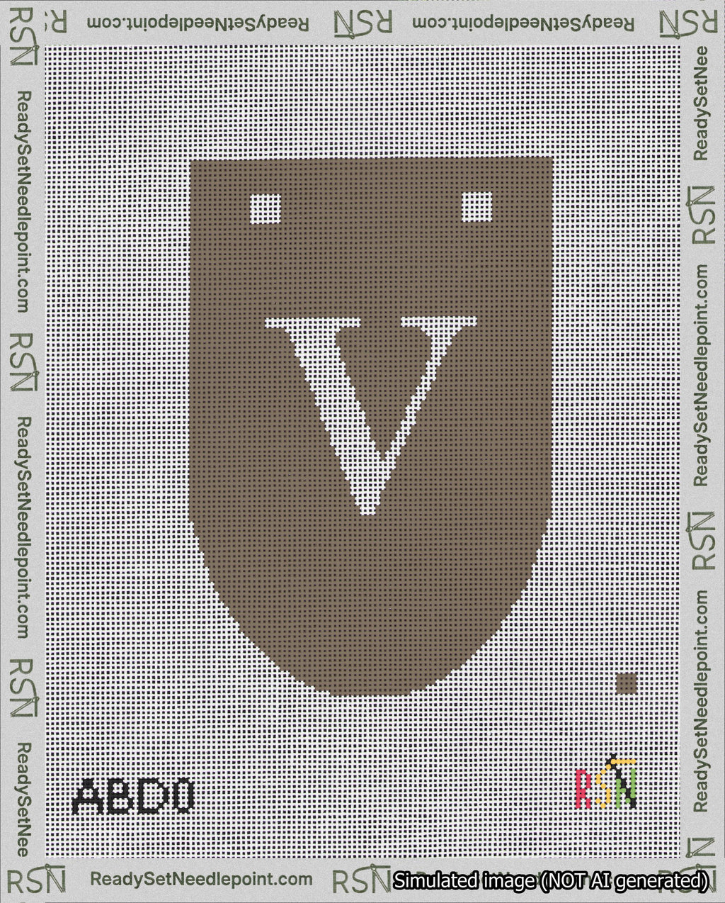A taped needlepoint canvas with the design: Banner 18 mesh count Rounded V White on Brown.