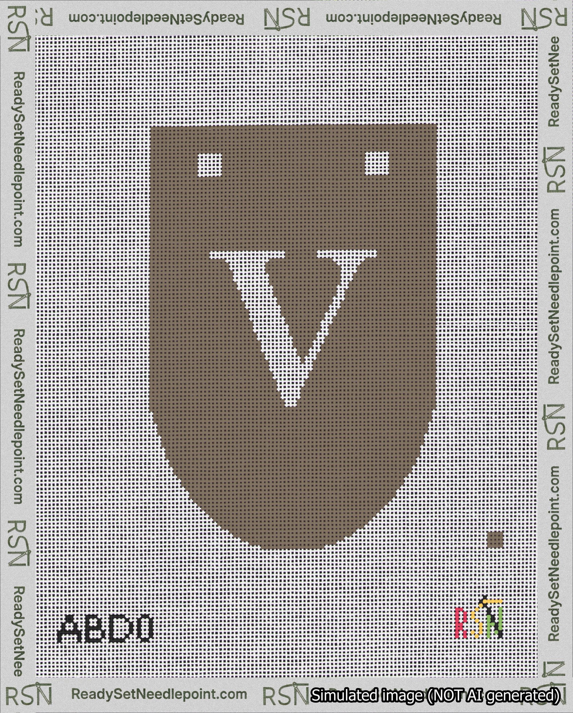 A taped needlepoint canvas with the design: Banner 18 mesh count Rounded V White on Brown.
