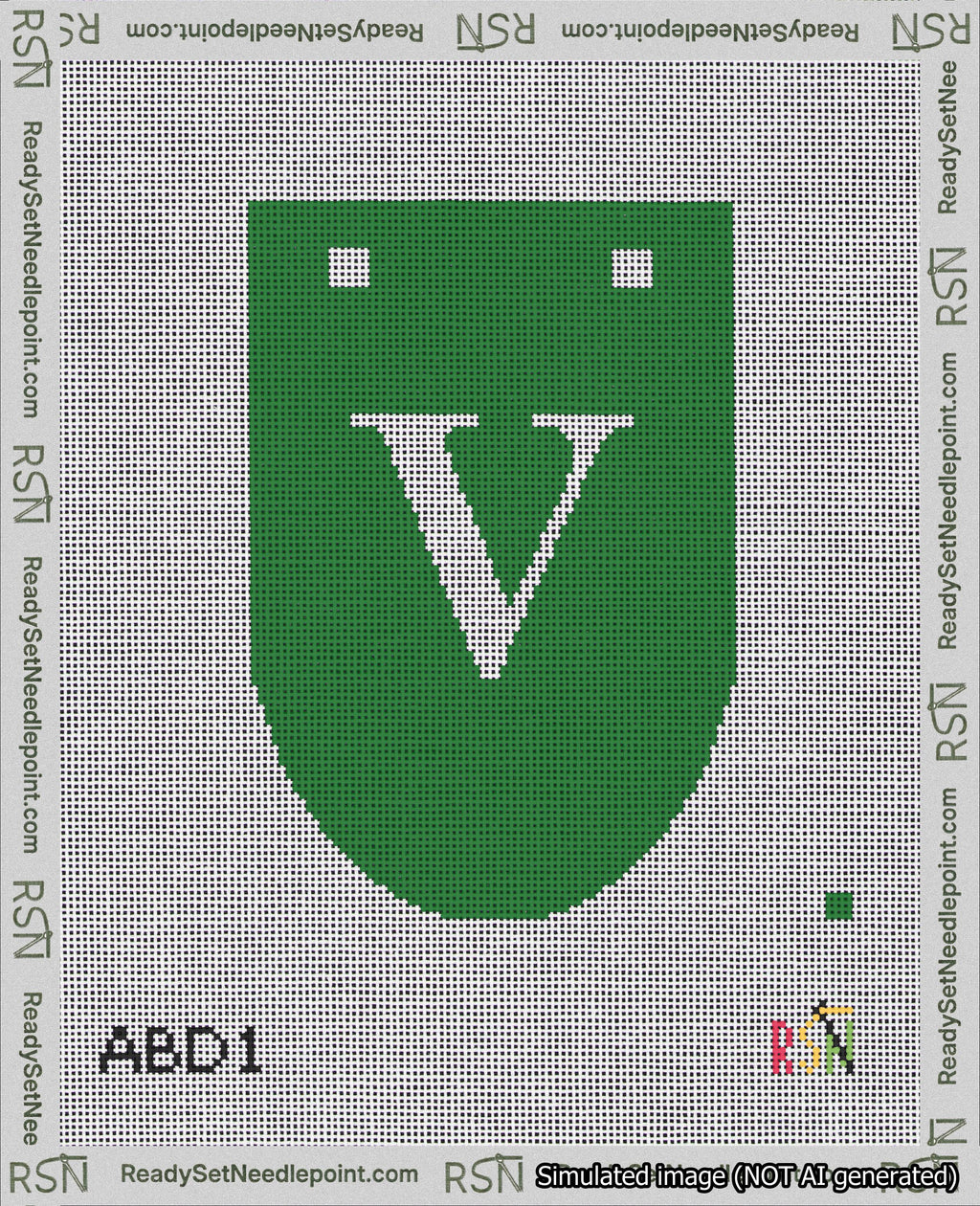 A taped needlepoint canvas with the design: Banner 18 mesh count Rounded V White on Green.