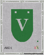A taped needlepoint canvas with the design: Banner 18 mesh count Rounded V White on Green.