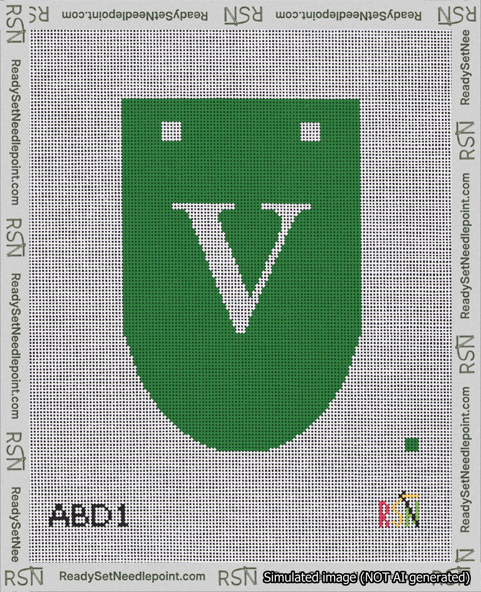A taped needlepoint canvas with the design: Banner 18 mesh count Rounded V White on Green.