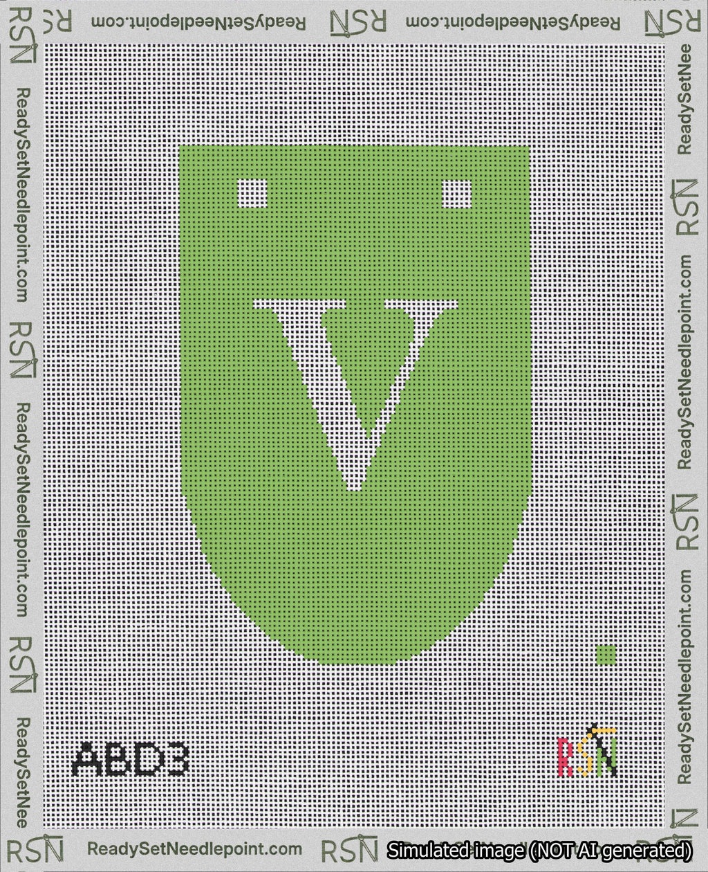 A taped needlepoint canvas with the design: Banner 18 mesh count Rounded V White on Light Green.