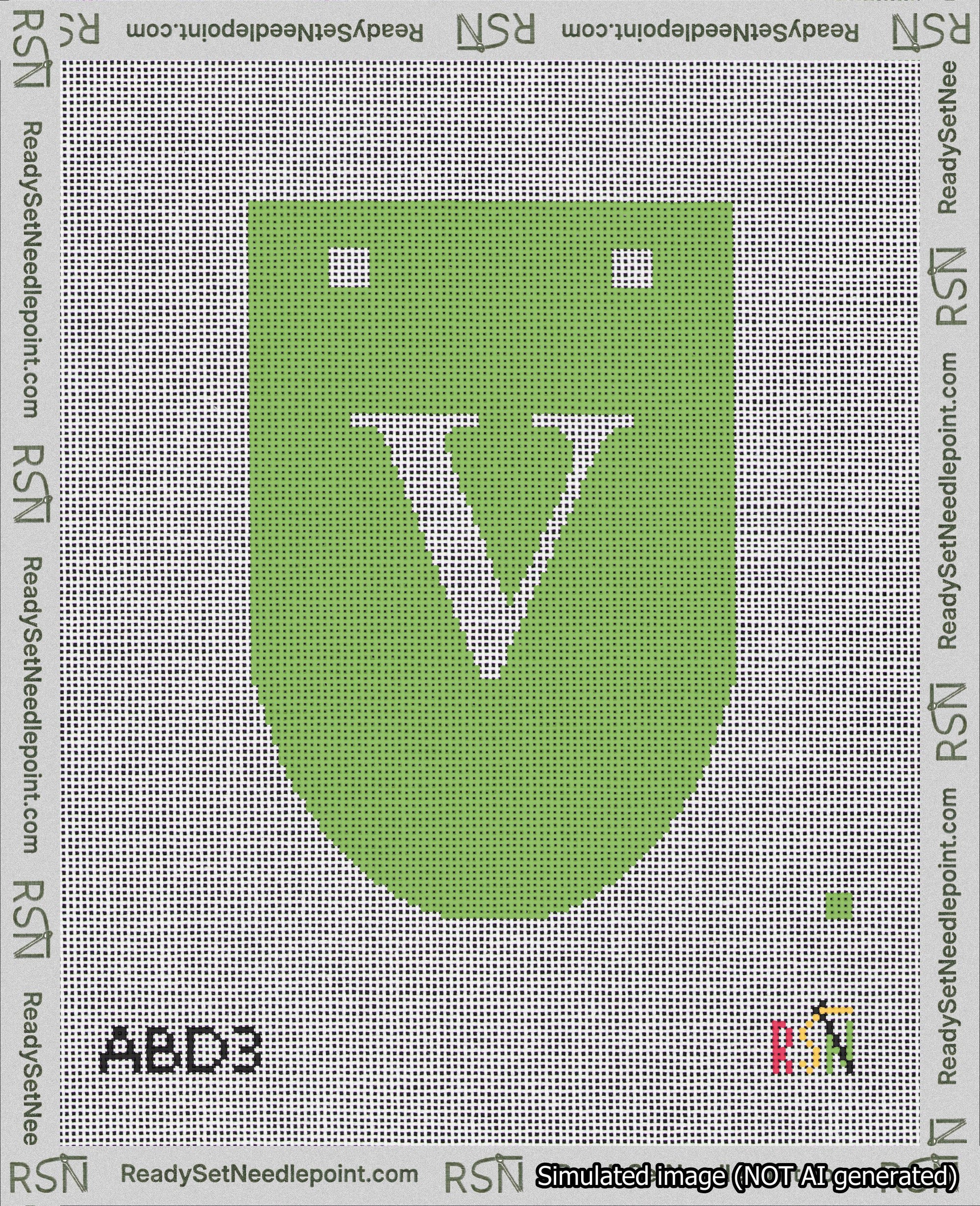 A taped needlepoint canvas with the design: Banner 18 mesh count Rounded V White on Light Green.