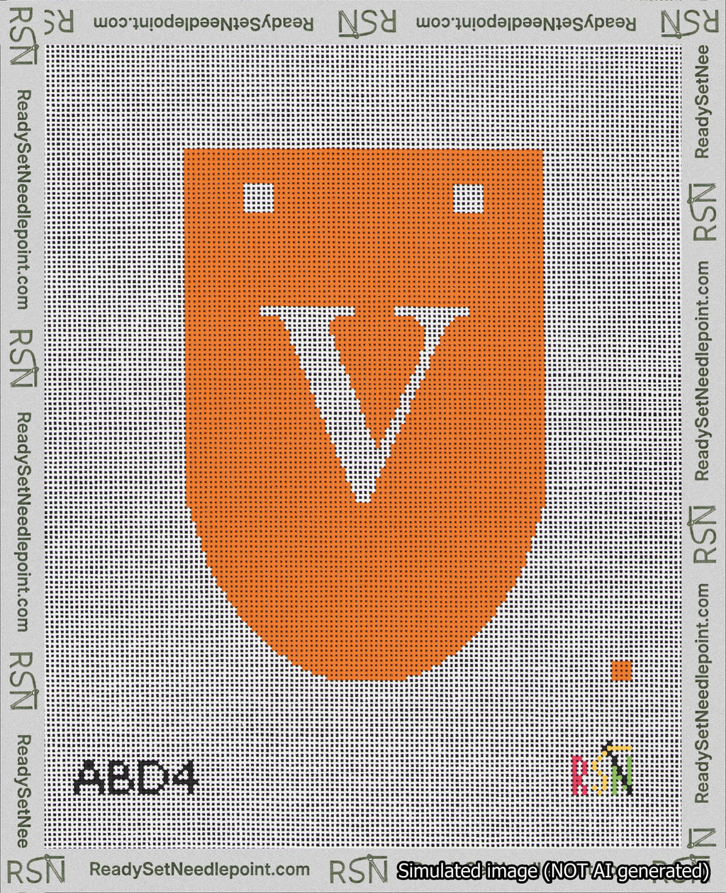 A taped needlepoint canvas with the design: Banner 18 mesh count Rounded V White on Orange.