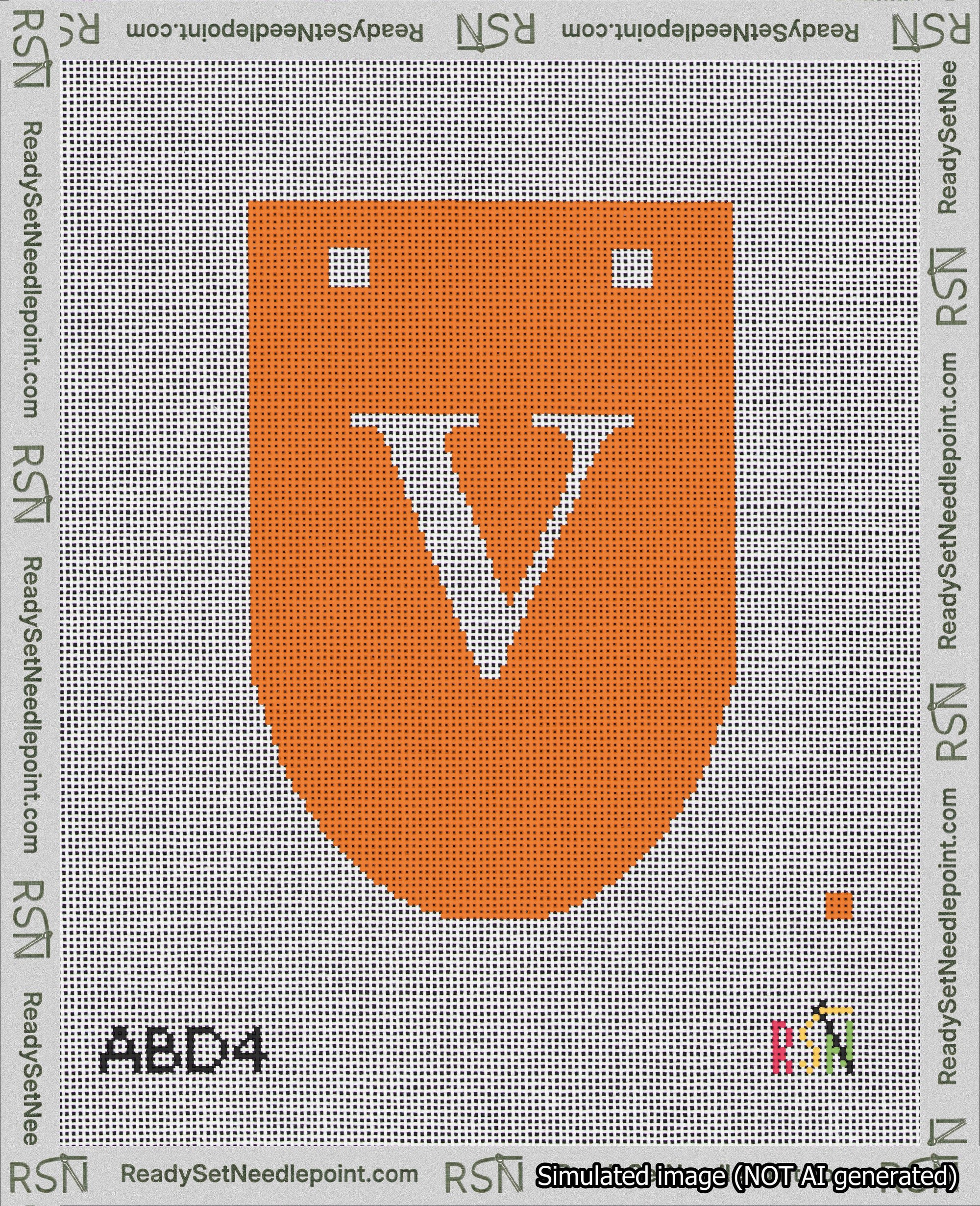 A taped needlepoint canvas with the design: Banner 18 mesh count Rounded V White on Orange.
