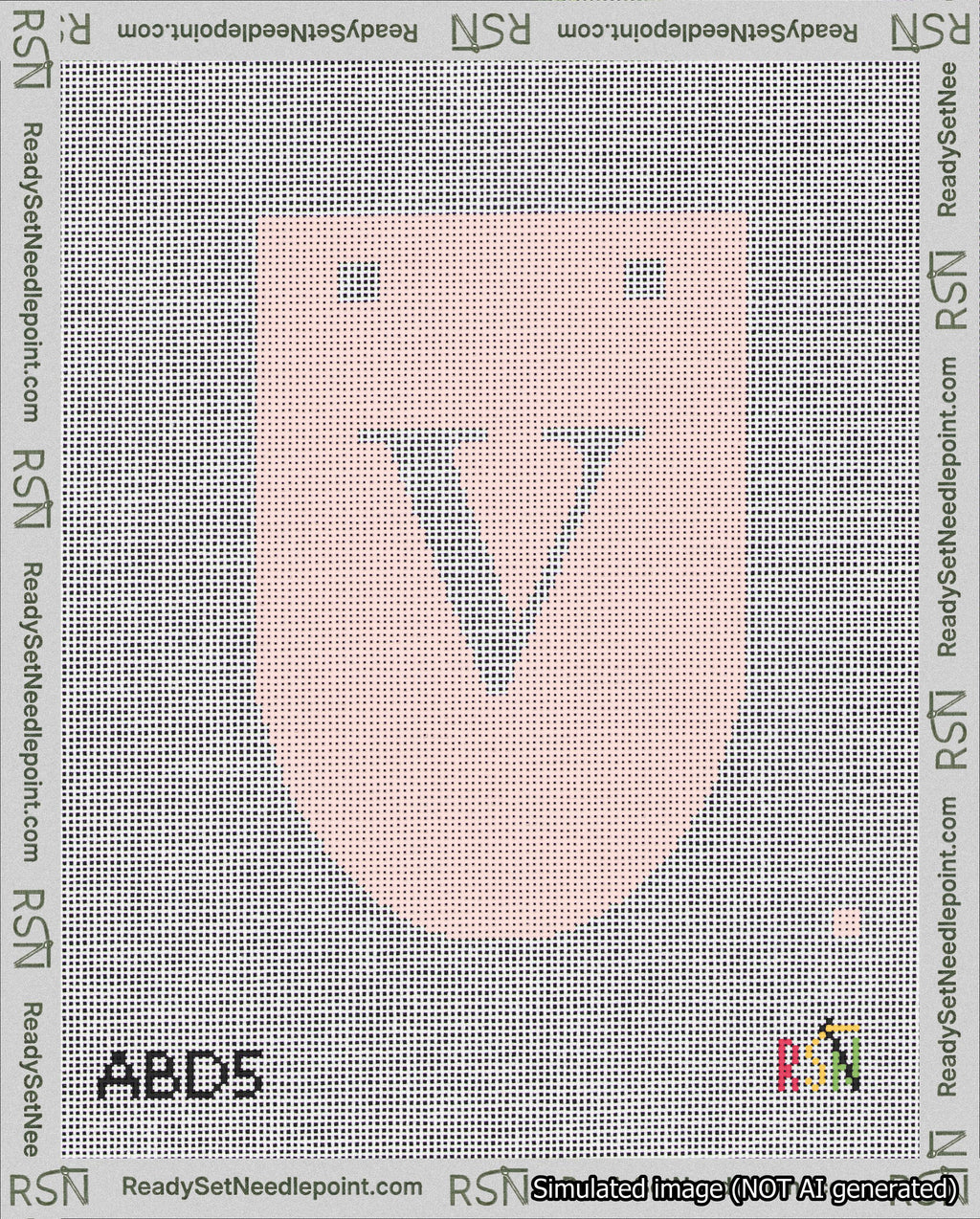 A taped needlepoint canvas with the design: Banner 18 mesh count Rounded V White on Pink.