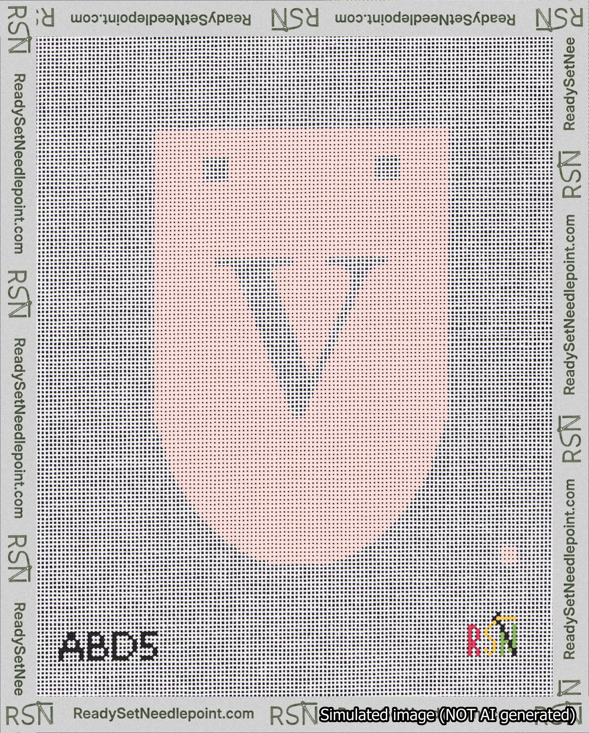 A taped needlepoint canvas with the design: Banner 18 mesh count Rounded V White on Pink.