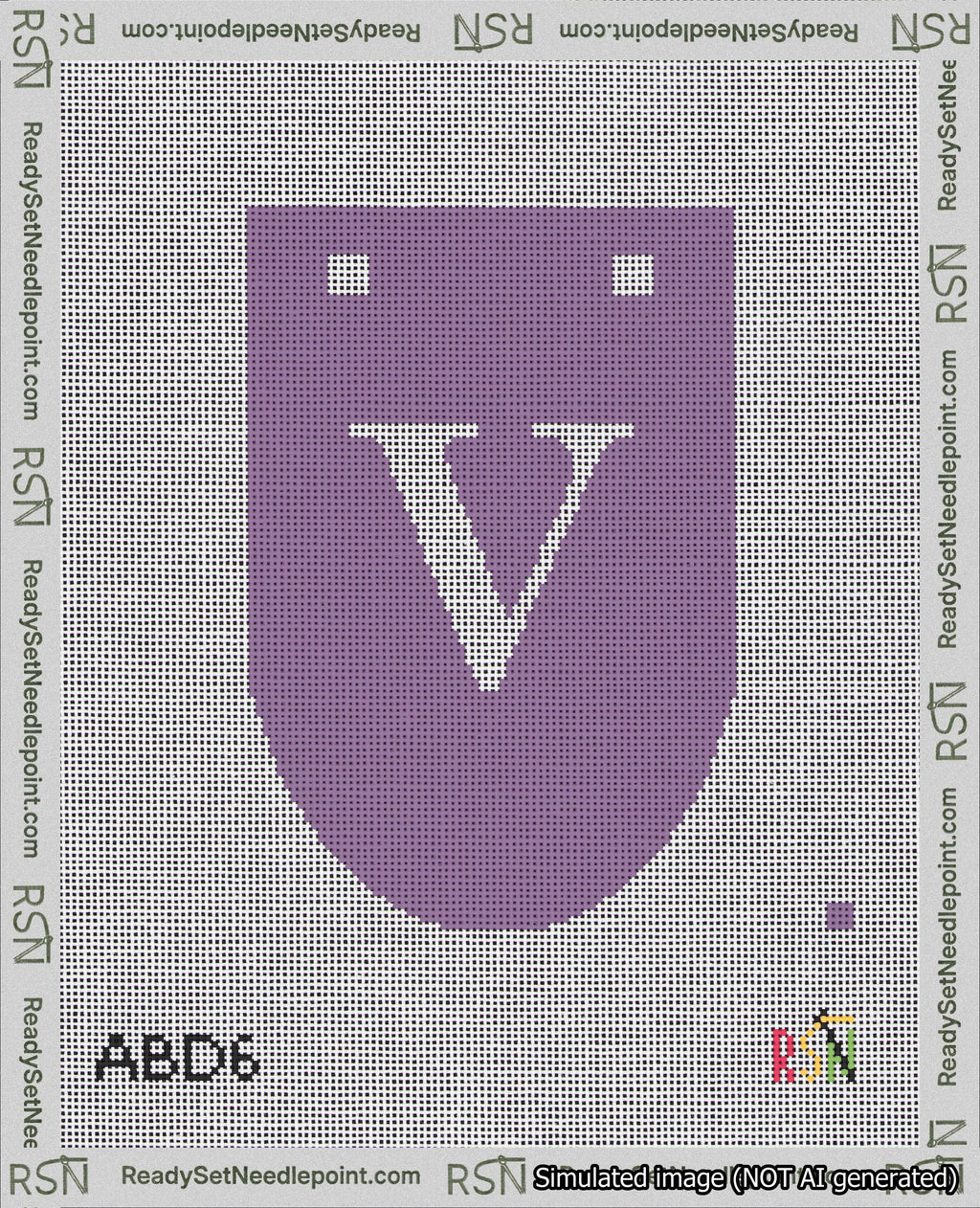 A taped needlepoint canvas with the design: Banner 18 mesh count Rounded V White on Purple.
