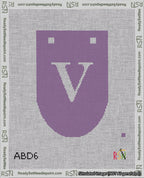 A taped needlepoint canvas with the design: Banner 18 mesh count Rounded V White on Purple.