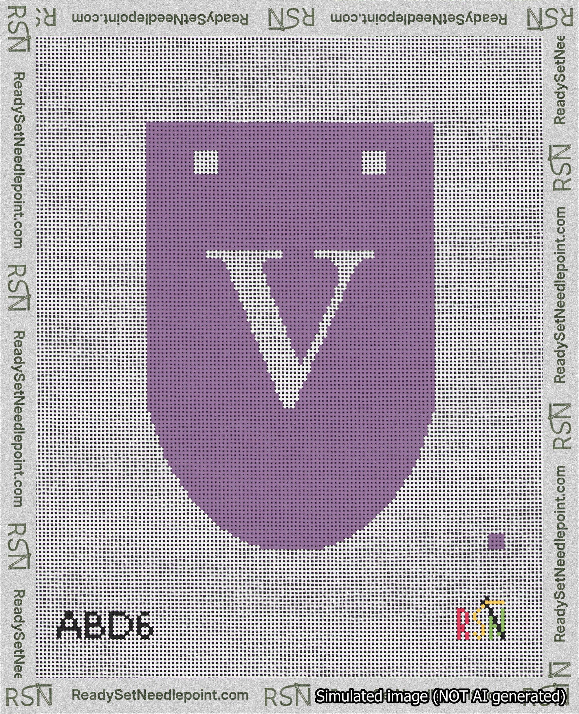 A taped needlepoint canvas with the design: Banner 18 mesh count Rounded V White on Purple.