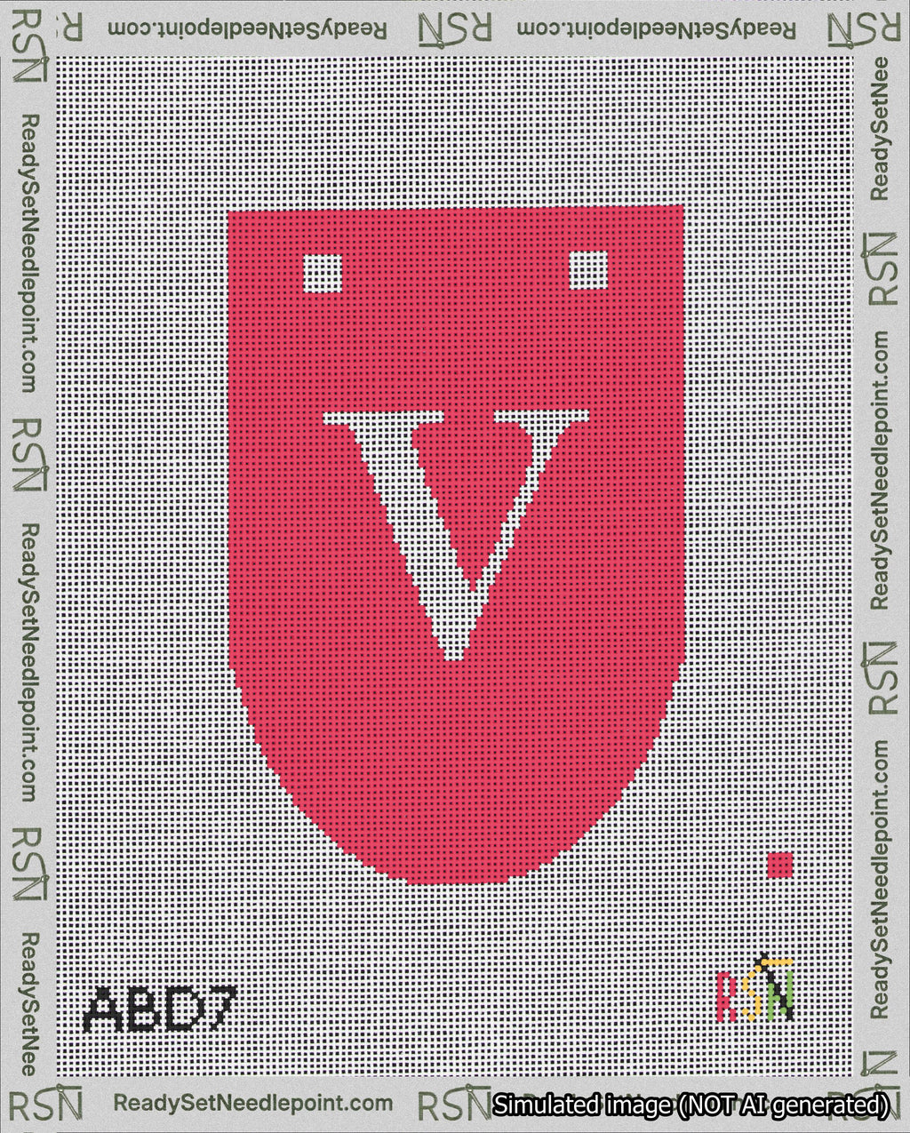A taped needlepoint canvas with the design: Banner 18 mesh count Rounded V White on Red.