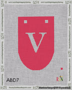 A taped needlepoint canvas with the design: Banner 18 mesh count Rounded V White on Red.