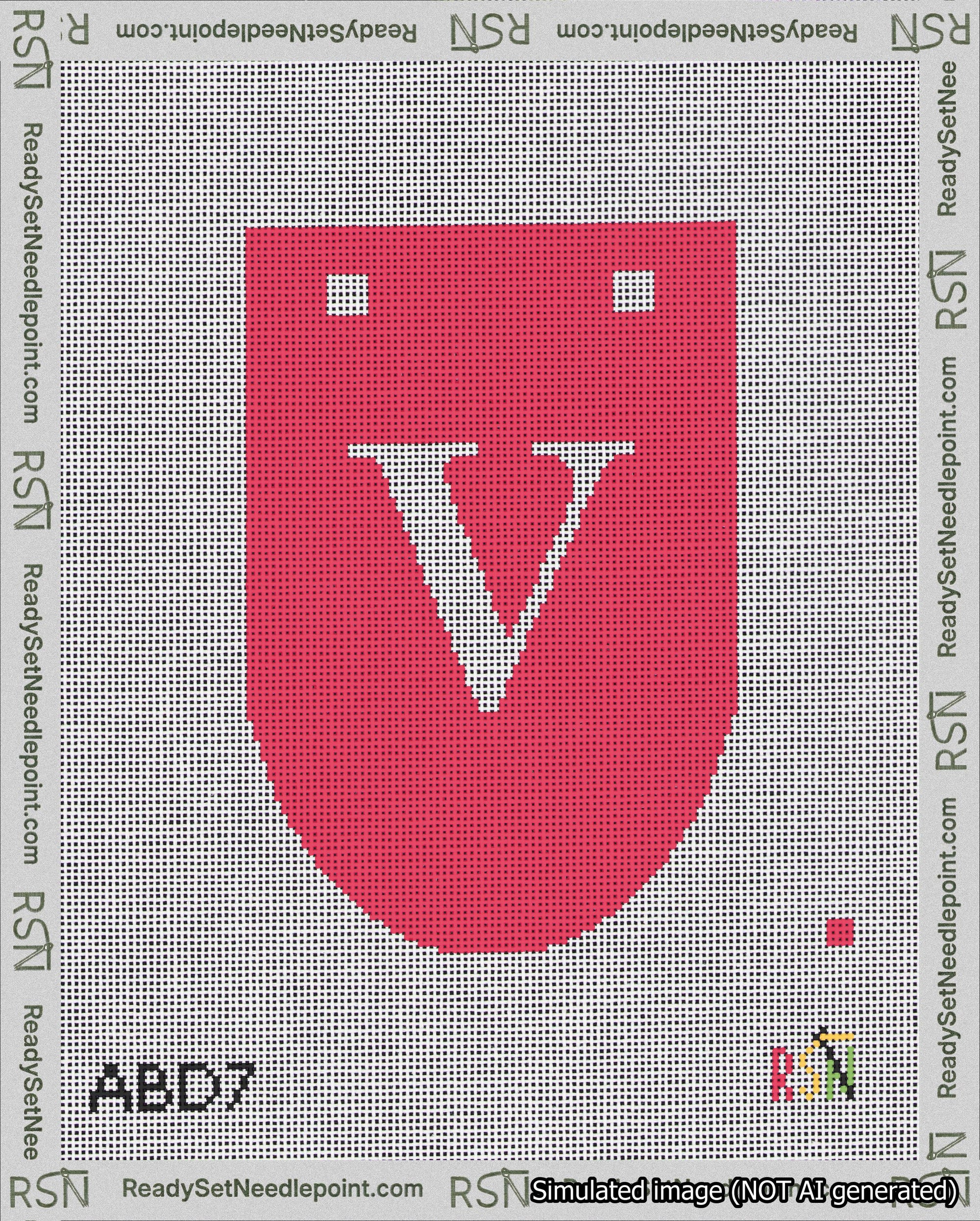 A taped needlepoint canvas with the design: Banner 18 mesh count Rounded V White on Red.