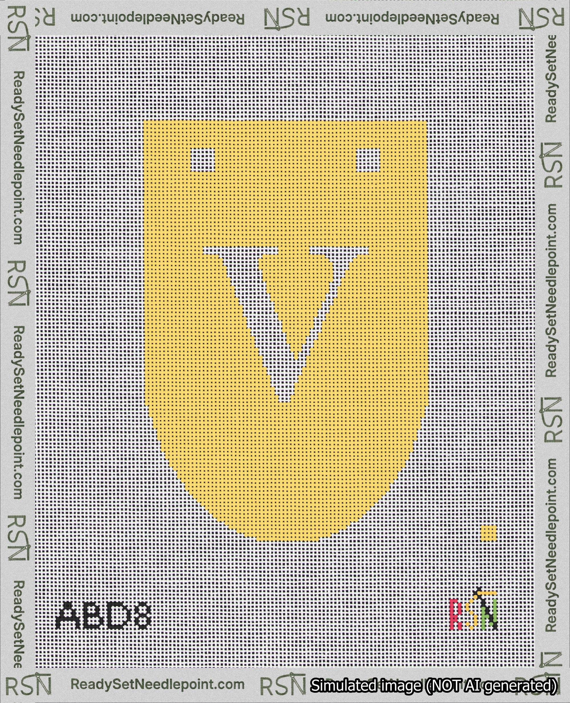 A taped needlepoint canvas with the design: Banner 18 mesh count Rounded V White on Yellow.