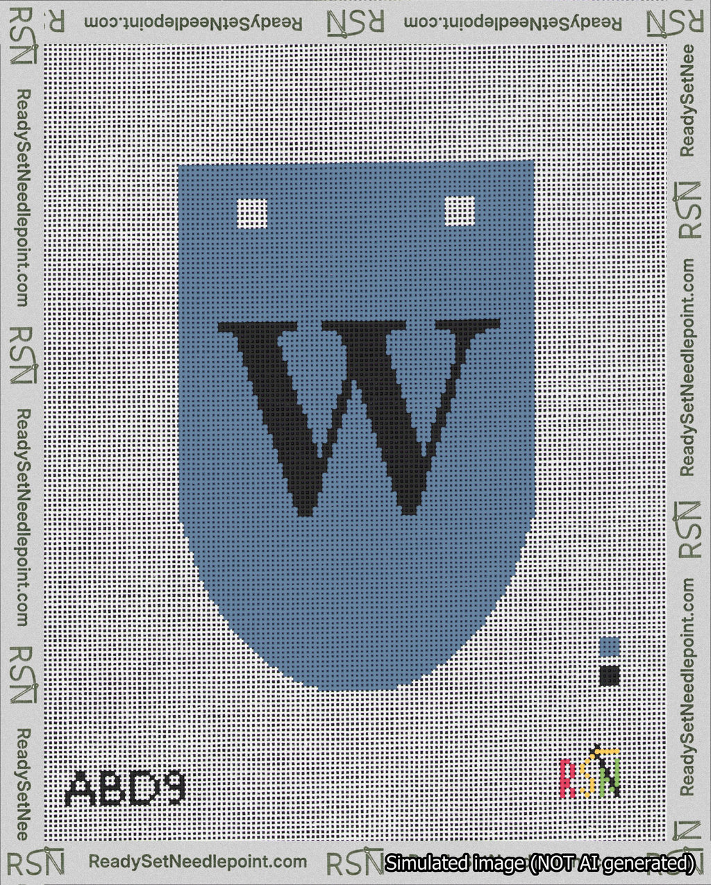 A taped needlepoint canvas with the design: Banner 18 mesh count Rounded W Black on Blue.