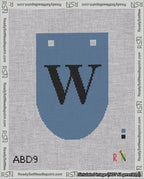 A taped needlepoint canvas with the design: Banner 18 mesh count Rounded W Black on Blue.