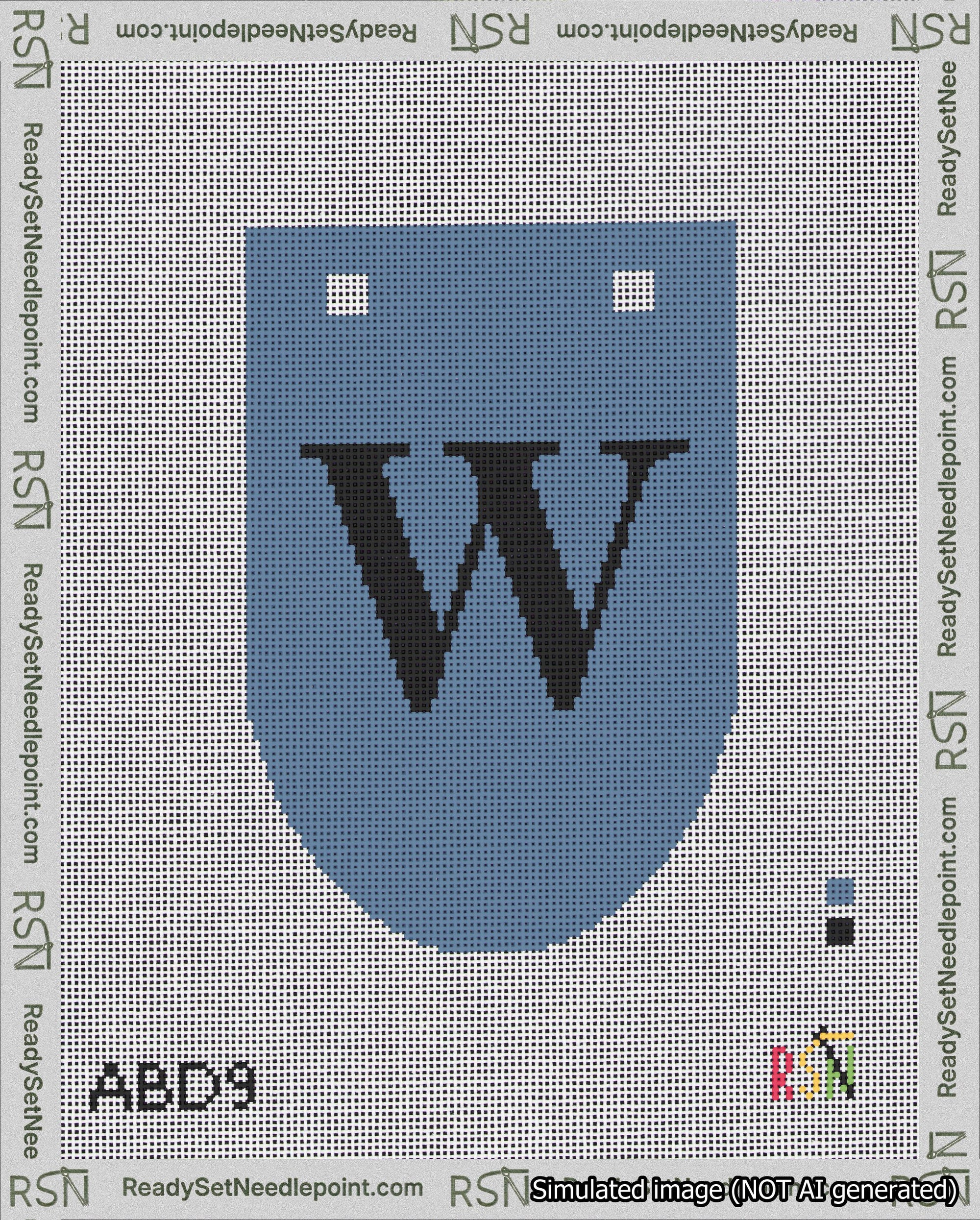 A taped needlepoint canvas with the design: Banner 18 mesh count Rounded W Black on Blue.