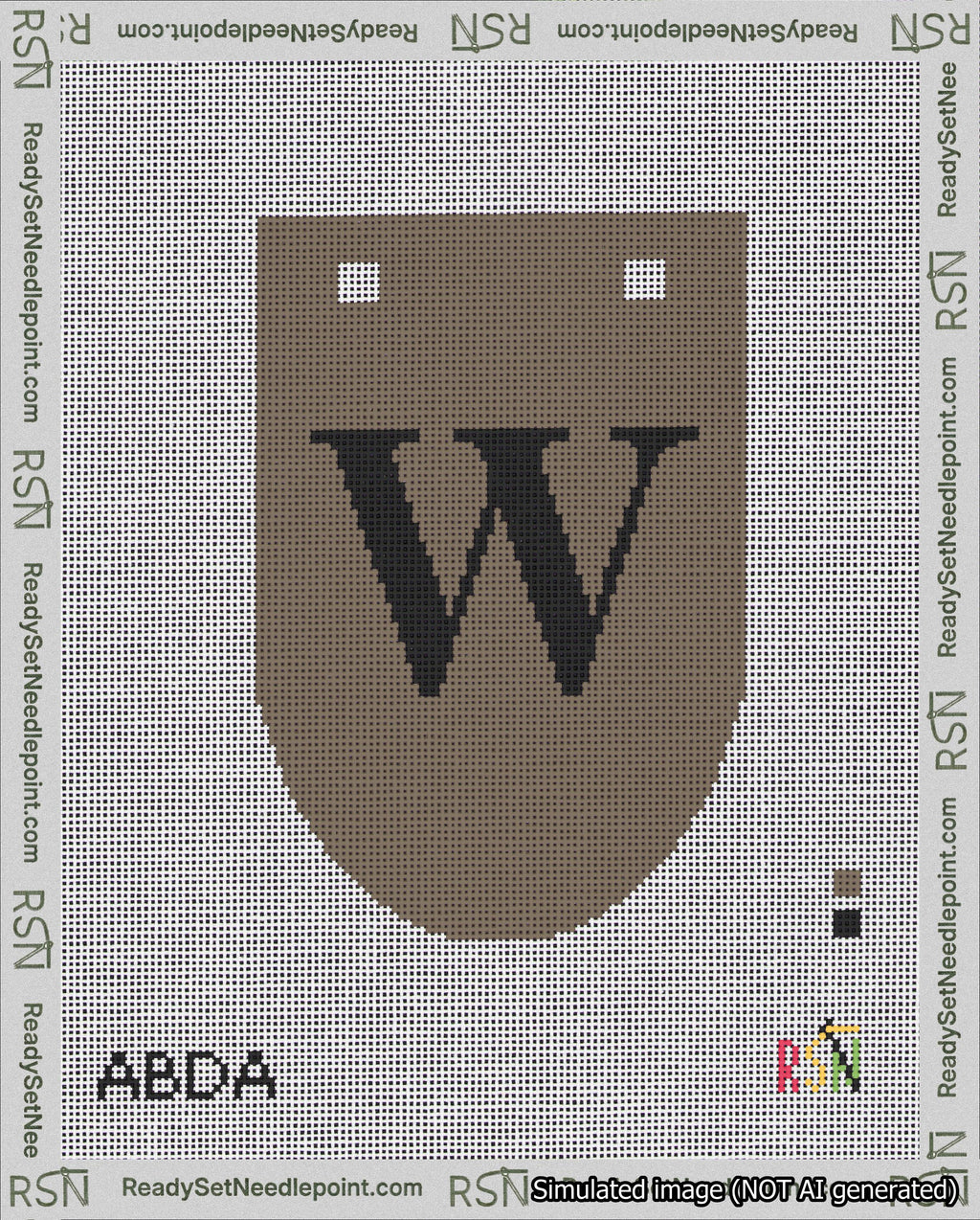 A taped needlepoint canvas with the design: Banner 18 mesh count Rounded W Black on Brown.