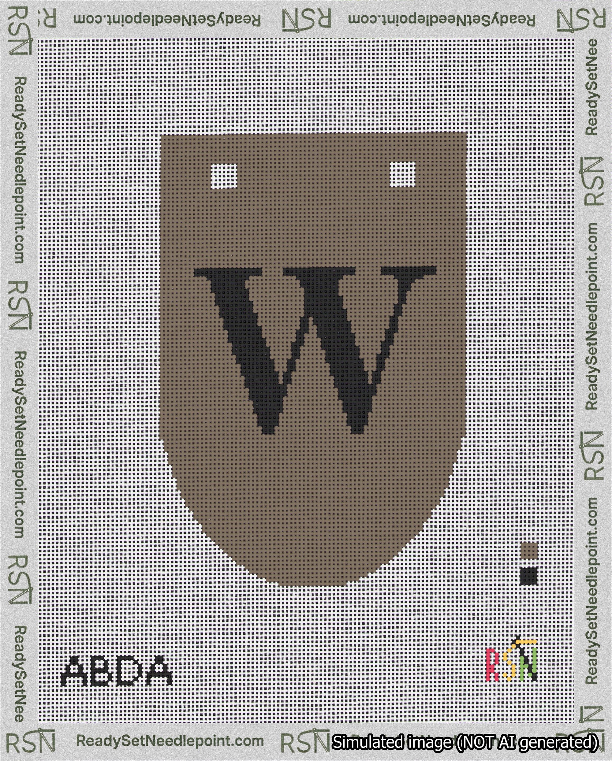A taped needlepoint canvas with the design: Banner 18 mesh count Rounded W Black on Brown.