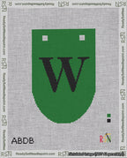 A taped needlepoint canvas with the design: Banner 18 mesh count Rounded W Black on Green.