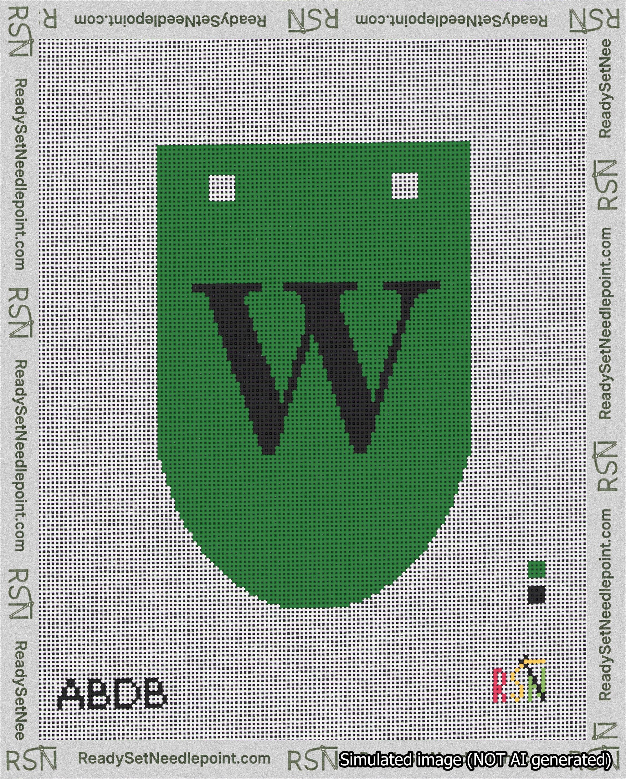 A taped needlepoint canvas with the design: Banner 18 mesh count Rounded W Black on Green.